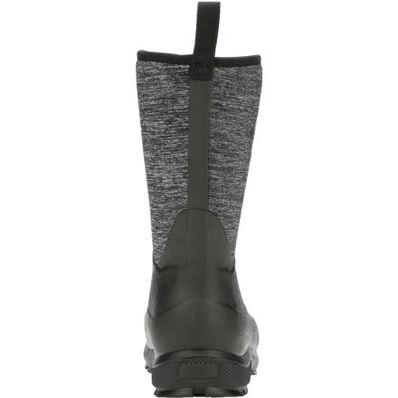 back of grey high top pull on rubber boot with heather grey shaft