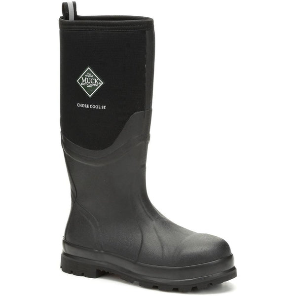 angled view of black and grey high top pull on rubber boot