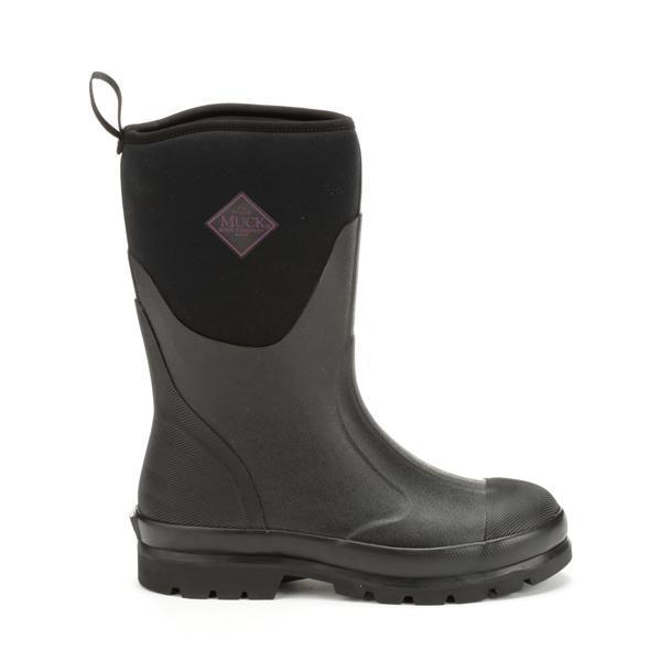 side of grey and black pull on rubber boot 