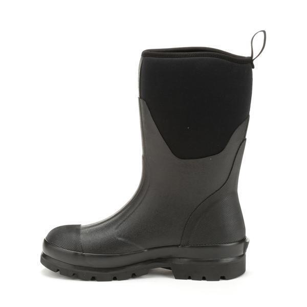 side view of grey and black pull on rubber boot 