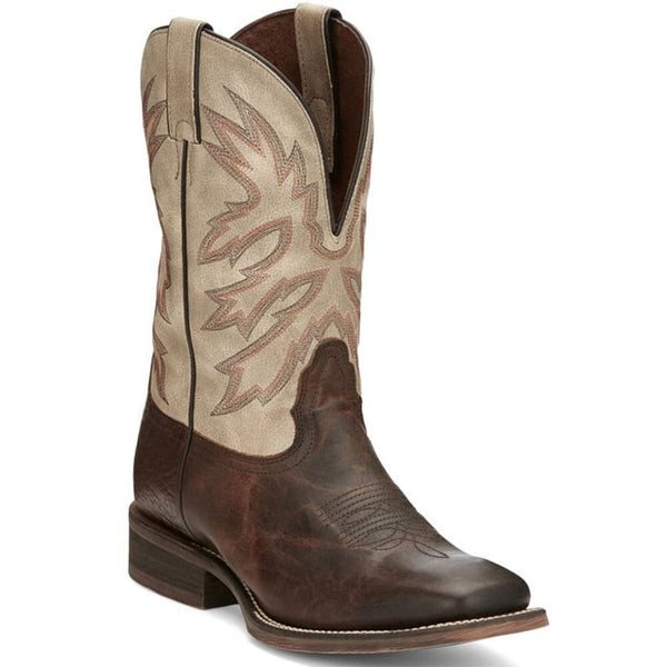 right front angle view of tall men's  western boot with dark brown vamp and light stone upper with multi-colored stitching.