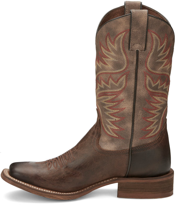 left side view of tall women's dark brown western boot with orange and tan embroidery.