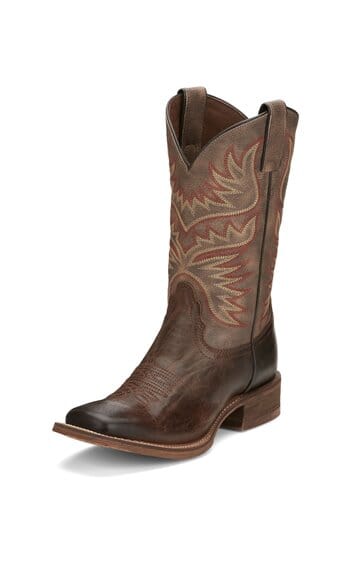 left angle view of tall women's dark brown square toe western boot with orange and tan embroidery.