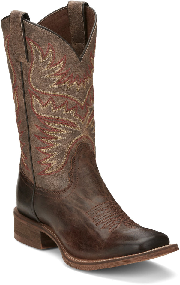right front angle of tall women's dark brown western boot with orange and tan embroidery.