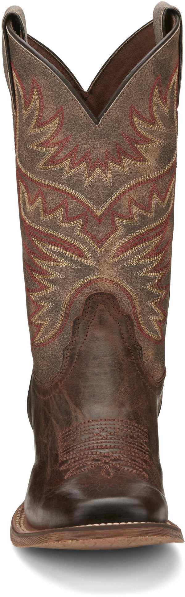 front view of tall women's dark brown square toe western boot with orange and tan embroidery.