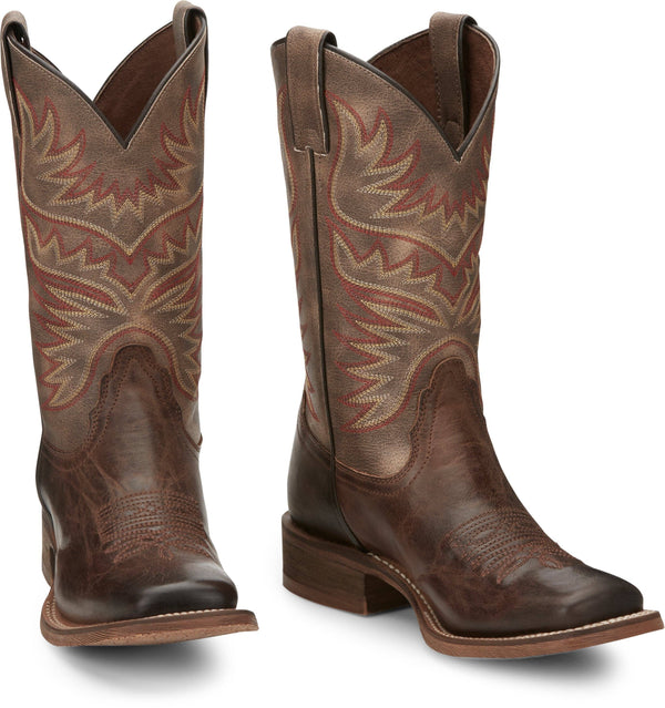 pair of tall women's dark brown western boots with orange and tan embroidery.