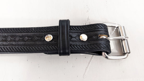 black leather belt with stamped design