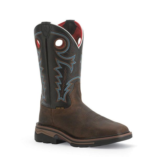 cowboy boot with brown vamp and darker brown shaft with blue, orange, and white embroidery