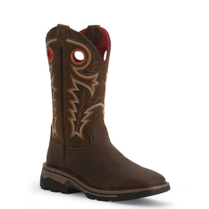 brown cowboy boot with white and orange embroidery
