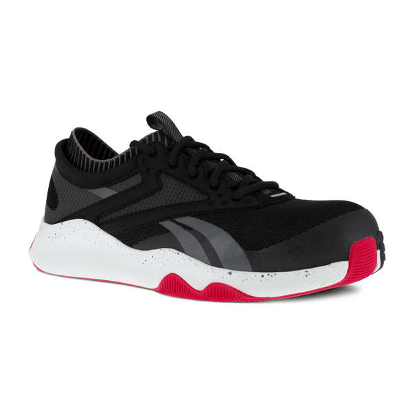black and grey tennis shoe style lace up work shoe with white and red sole