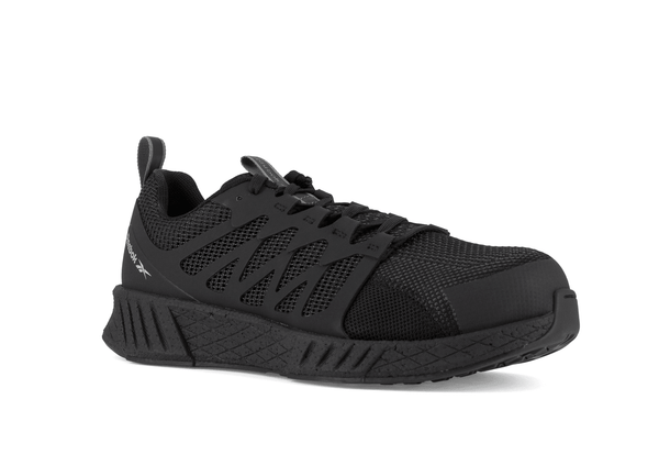 black athletic style work shoe with black sole and black laces