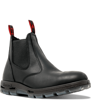 mid-rise black pull on boot with red pull strings