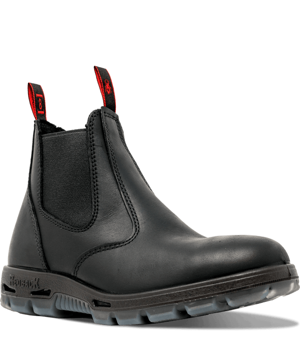 mid-rise black pull on boot with red pull strings