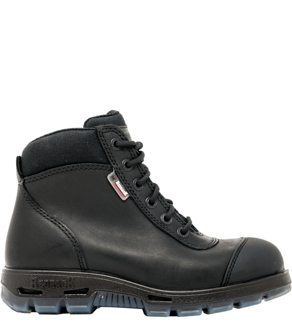 side of black work boot with black string and black eyelets