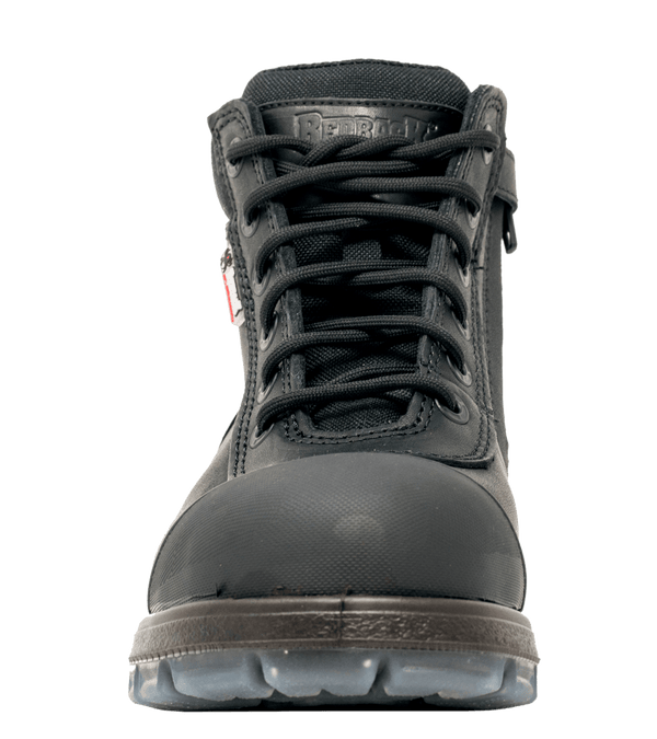 front of black work boot with black string and black eyelets
