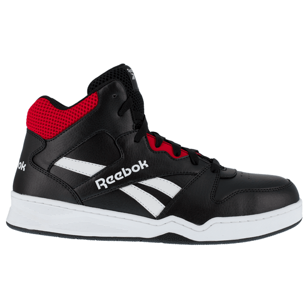 right side view of black, red, and white high-top work sneaker with black laces and Reebok logo on side