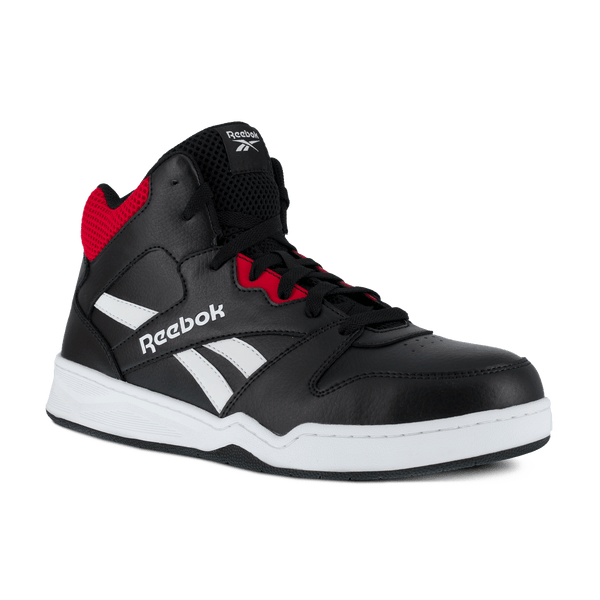 right side angle view black, red, and white high-top work sneaker with black laces and Reebok logo on side