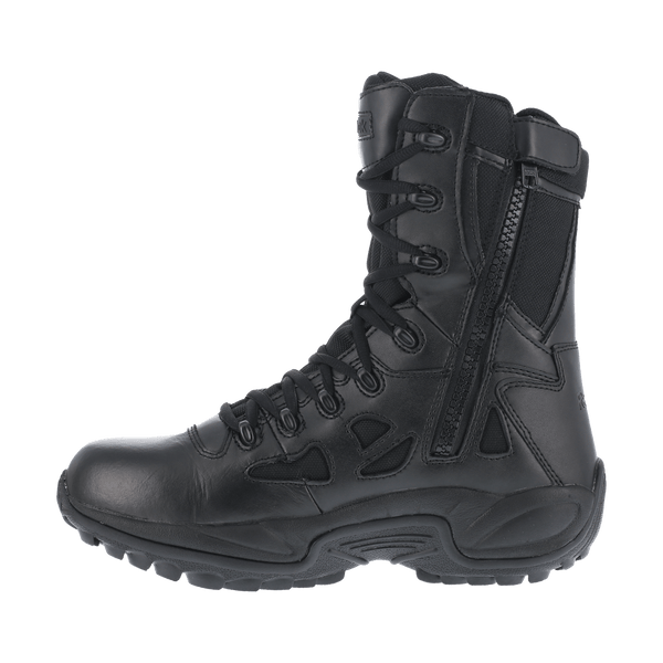 alternate side of high top black boot with black laces and eyelets
