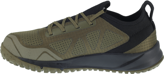 alternate side of green tennis shoe style work shoe with black tongue and black logo on side