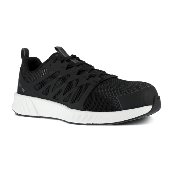 black tennis shoe style work shoe with white sole