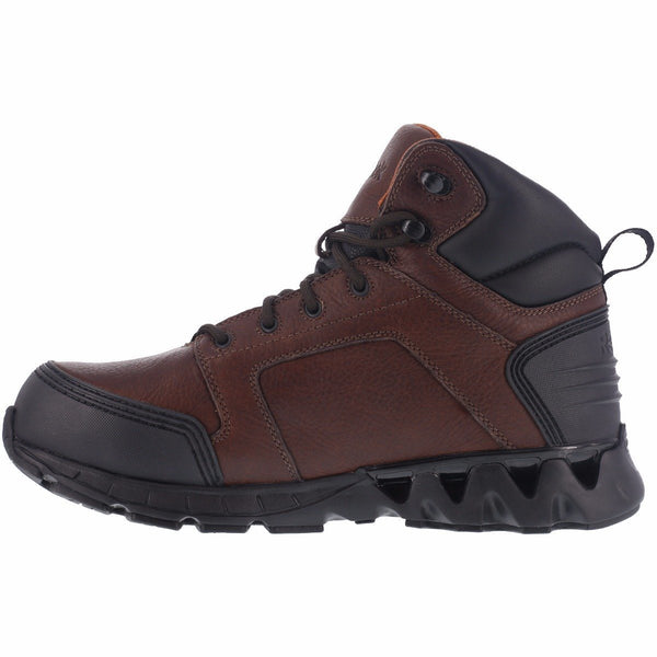 side of brown boot with black heel and toe guard. black laces and eyelets