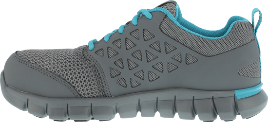 side of grey shoe with blue laces and top of sole, green vents over toes, blue lining