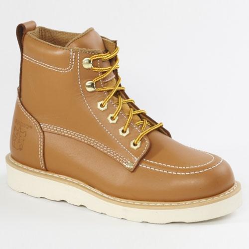 brown boot with light brown laces, gold eyelets, and white sole