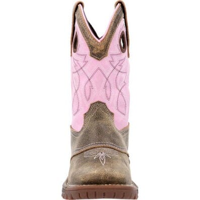 front view of little kids cowgirl boot with distressed brown vamp and pink shaft with white and brown stitching