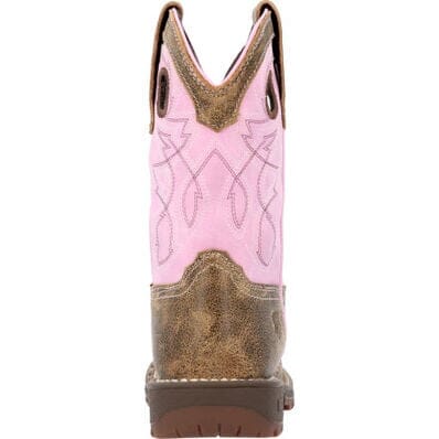 back view of little kids cowgirl boot with distressed brown vamp and pink shaft with white and brown stitching
