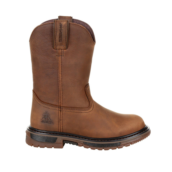 side of brown high top pull on boot with black and brown sole