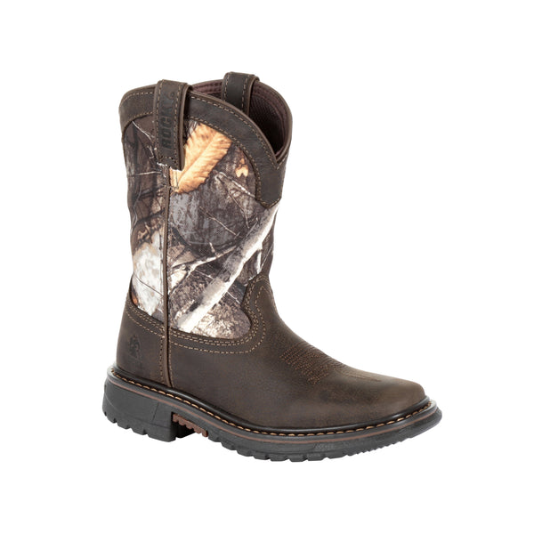 cowboy boot with camo shaft and brown vamp