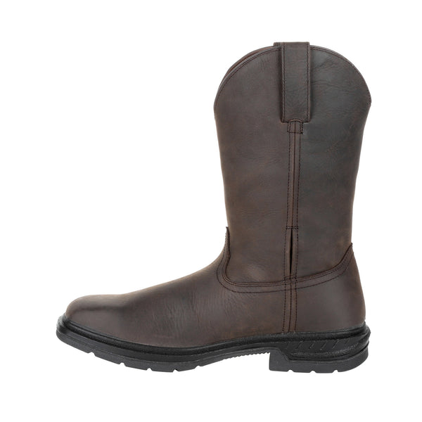 side of dark brown pull on boot with square toe