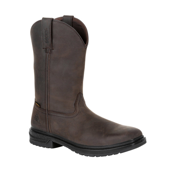dark brown pull on boot with square toe