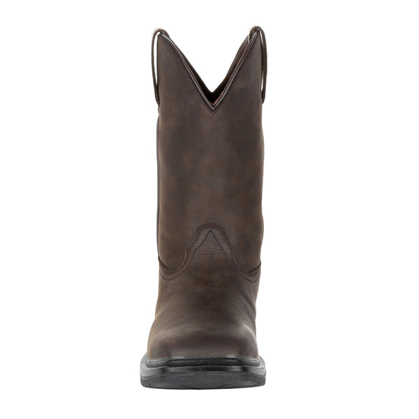 front of dark brown pull on boot with square toe