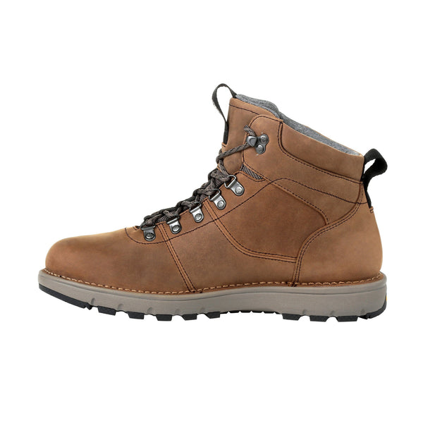 side of brown boot wtih grey/brown laces, silver eyelets, and light grey sole