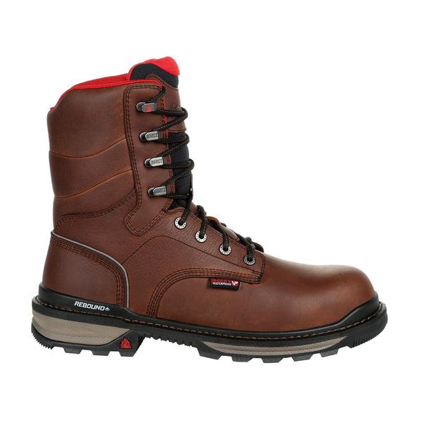 alternate side of brown high top boot with black laces, black sole, and red accent on tongue