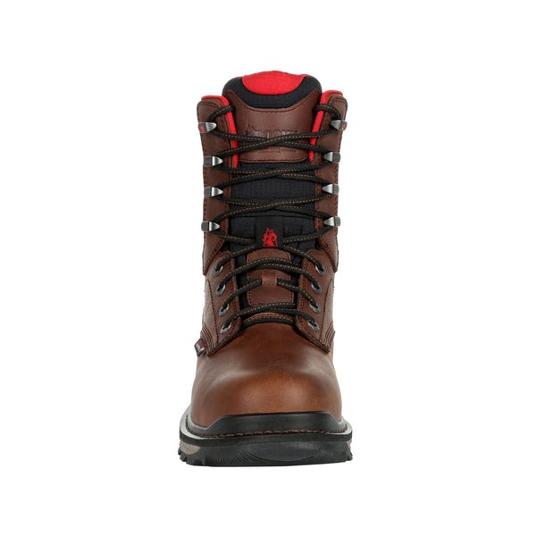 front of brown high top boot with black laces, black sole, and red accent on tongue