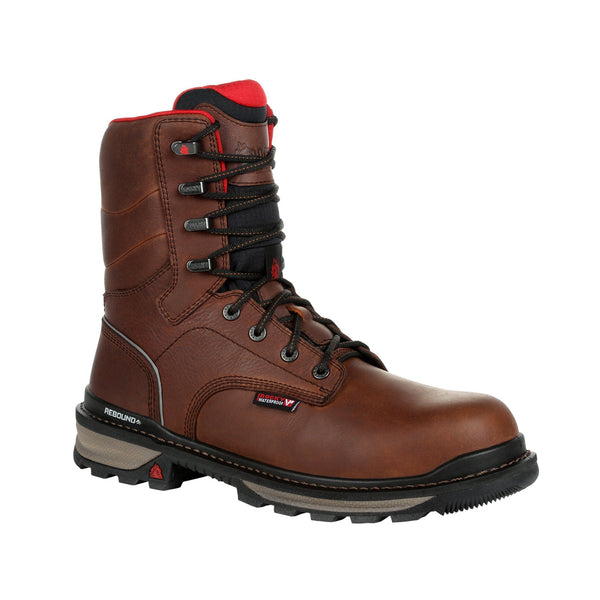 brown high top boot with black laces, black sole, and red accent on tongue
