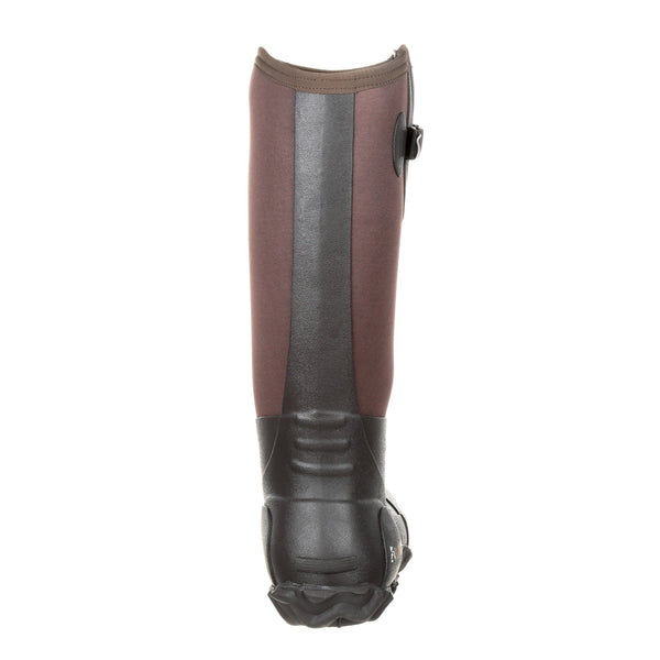 back of high top rubber boot with black vamp and red shaft