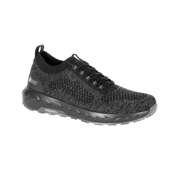 black shoe with grey speckles, black laces, and black sole
