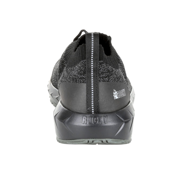 back of black shoe with grey speckles, black laces, and black sole