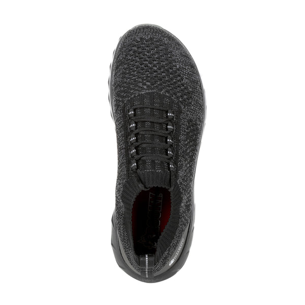 top of black shoe with grey speckles, black laces, and black sole
