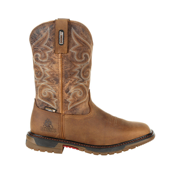 alternate side of cowgirl boot with distressed shaft and white and brown embroidery
