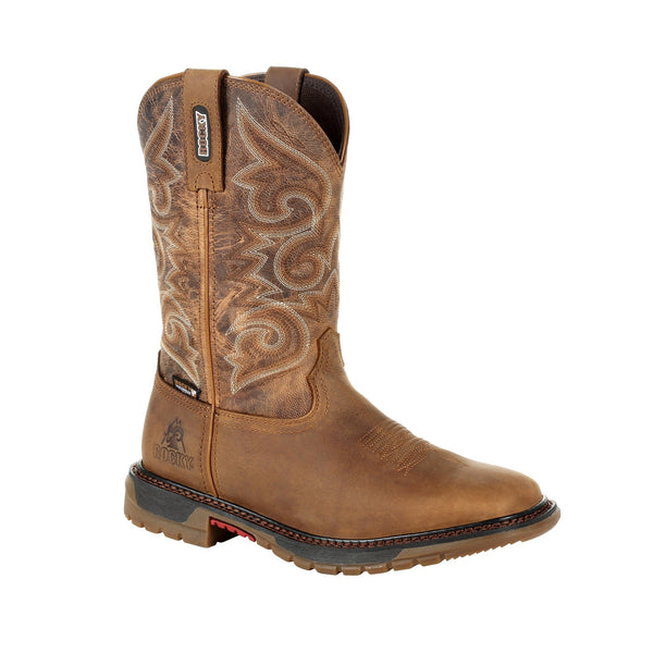 cowgirl boot with distressed shaft and white and brown embroidery