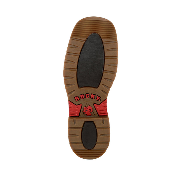 brown sole with black heel and footbed. red logo in center
