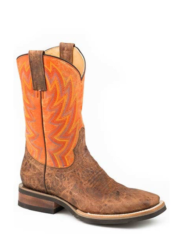 cowboy boot with brown distressed vamp and orange shaft with red, orange, and yellow embroidery 