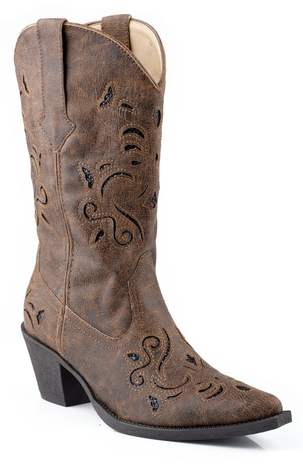 brown cowgirl boot with black inlay designs and black sole