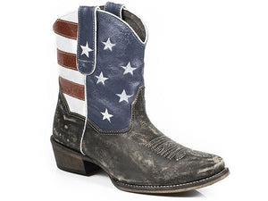 cowgirl boot with black distressed vamp and american flag shaft