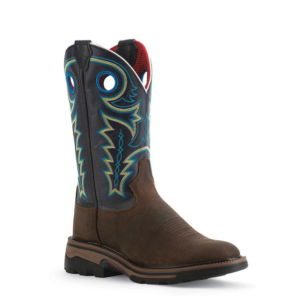 cowboy boot with brown vamp and dark brown shaft with yellow and blue embroidery