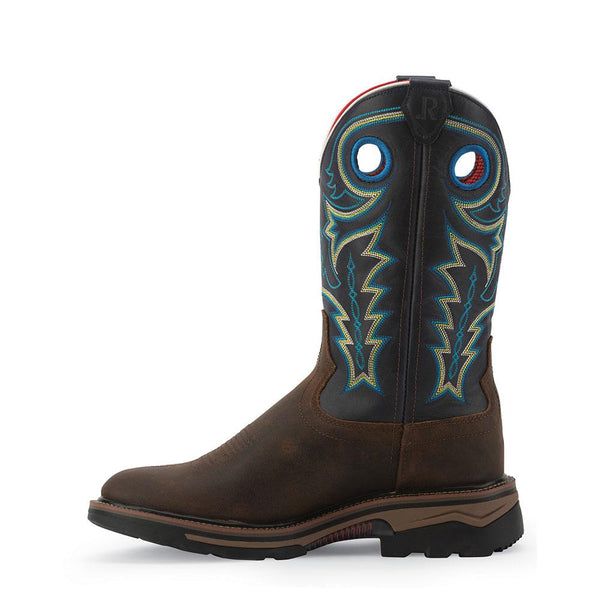 side of cowboy boot with brown vamp and dark brown shaft with yellow and blue embroidery